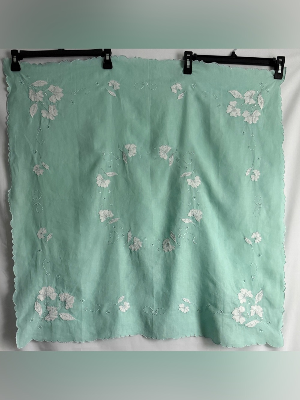 Vintage Madeira Mint Green Square White Floral Embroidery Cutwork Tablecloth